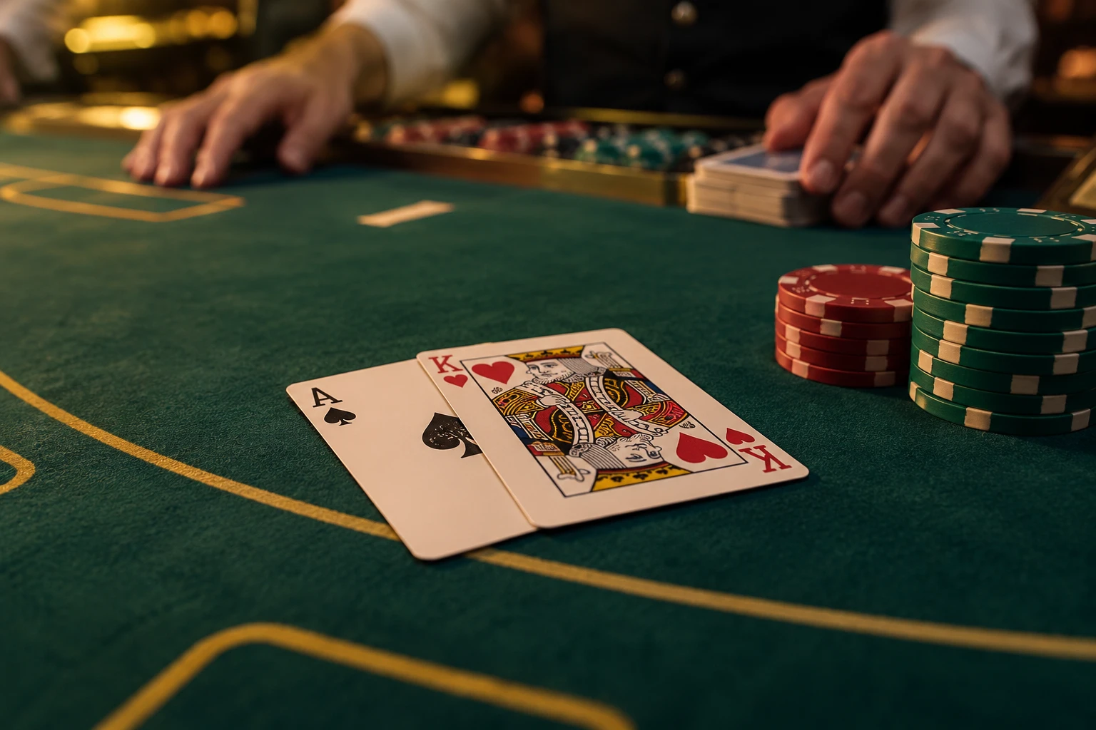 Blackjack-hand med ess och kung på ett grönt spelbord med marker