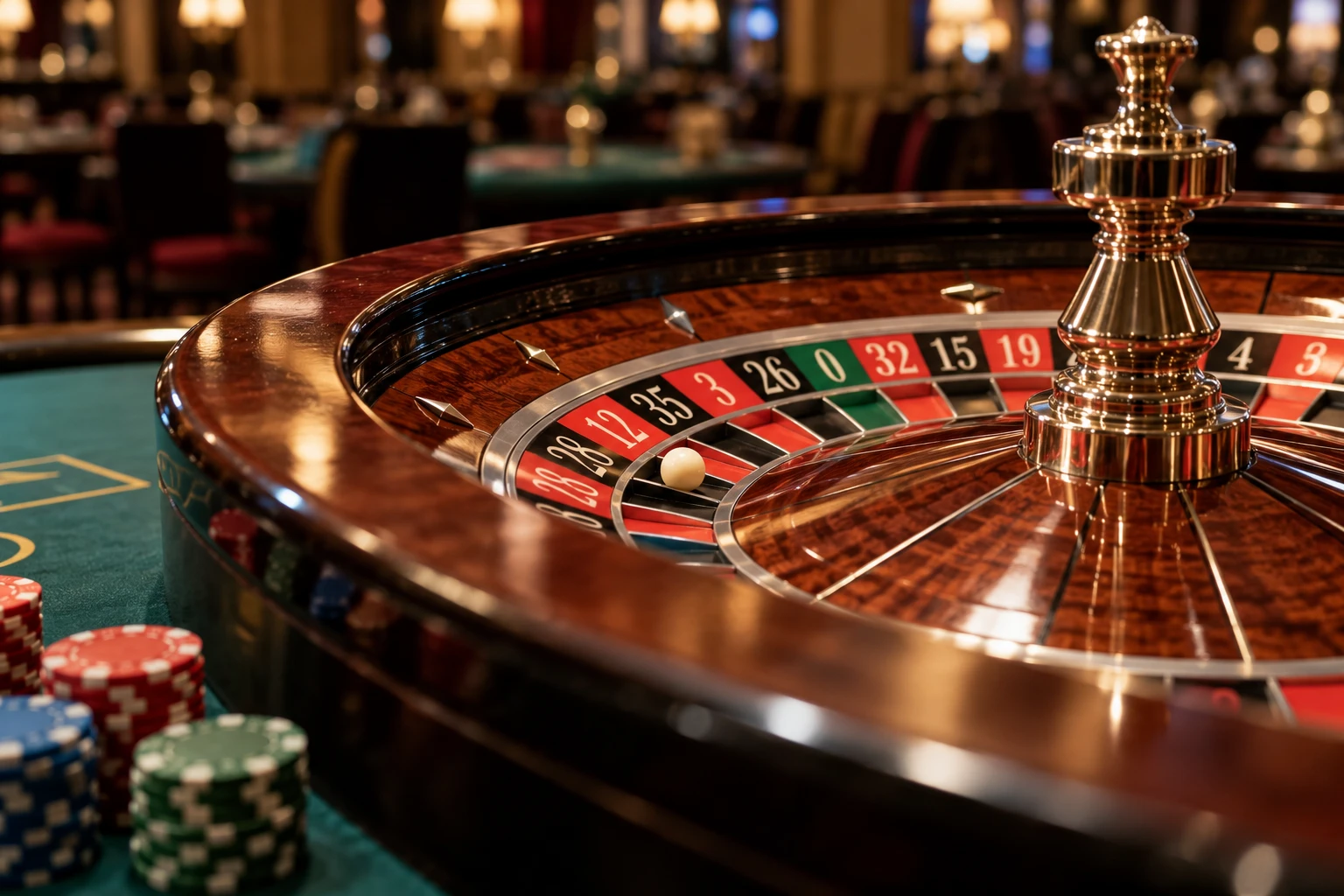 Roulettehjul med kulan på väg ner i ett fack på ett casino